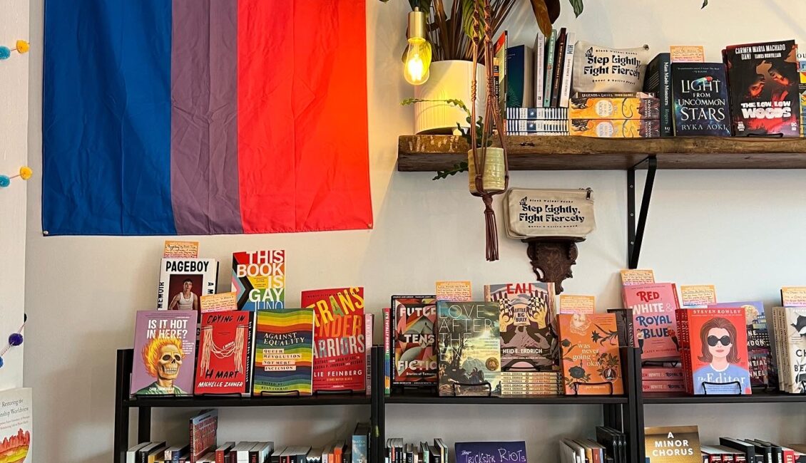 Interior of black walnut books with books on shelf and a plant hanging from the ceiling