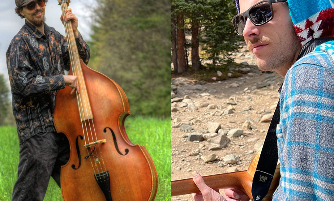 Two cropped images merged into one. On the left side is Kevin Cottone standing in a grassy field plucking the strings on his upright bass. On the right side is a profile of Karl Bertand taken from behind and to the left as he sits on a sandy beach strumming his acoustic guitar.