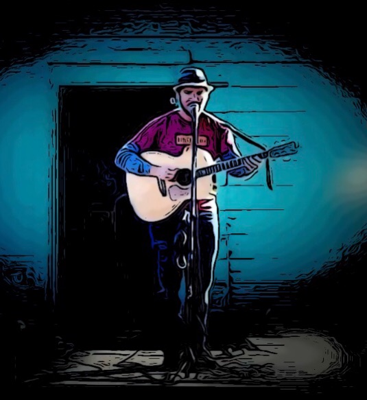 Cartoonized version of Thom Powers playing solo on a stage.